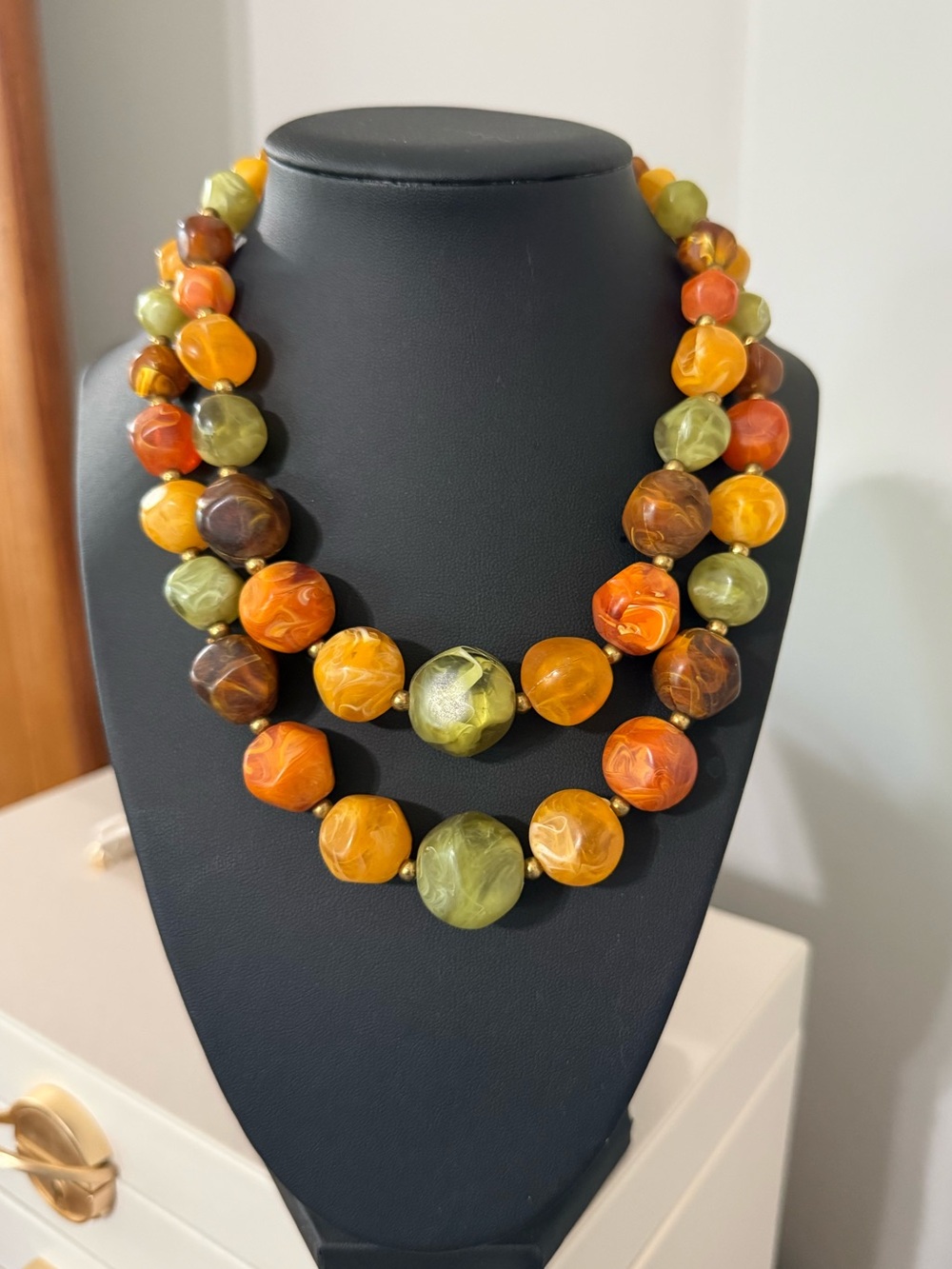 Kramer Fall Multicolor Bead Statement Necklace - Orange & Olive Lucite